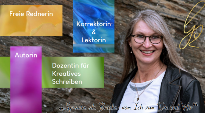 Die Startseite der Website von Gabi Kremeskötter Bunte Buttons und ihr Porträt vor einer Schieferwand
