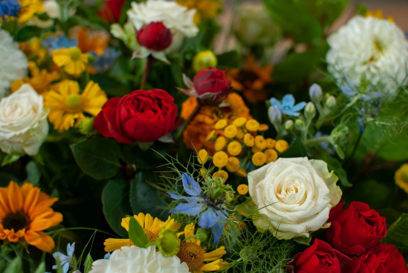 Ein Gesteck bestehend aus bunten Blumen: rote und weiße Rosen, gelbe und blaue Blüten plus Blattgrün
