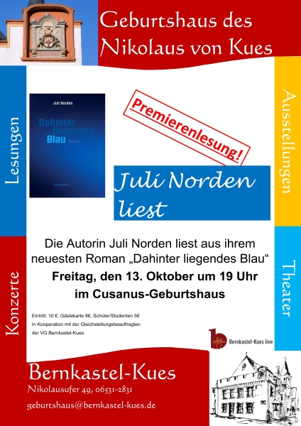 Werbeplakat Lesung Juli Norden "Dahinterliegendes Blau" im Cusanushaus Bernkastel-Kues am 13.10.23