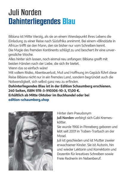 Titelbild und Informationen zum Roman "Dahinterliegendes Blau" von Juli Norden, Edition Schaumberg