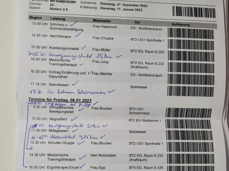 Auszug eines Therapieplans einer orthopädischen Klinik bei Schulter-Vollprothese
