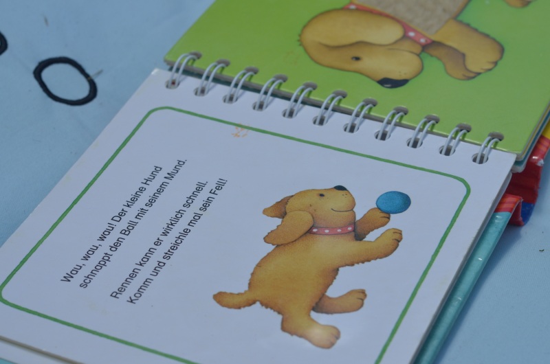 aufgeschlagenes Kinderbuch mit einen Hund zeigenden Illustration