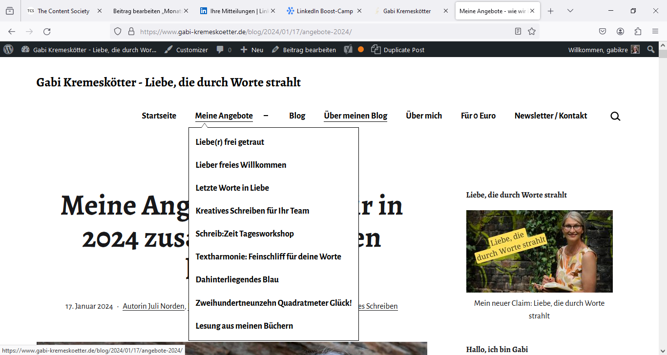 Screenshot der Startseite des Blogs von Gabi Kremeskötter