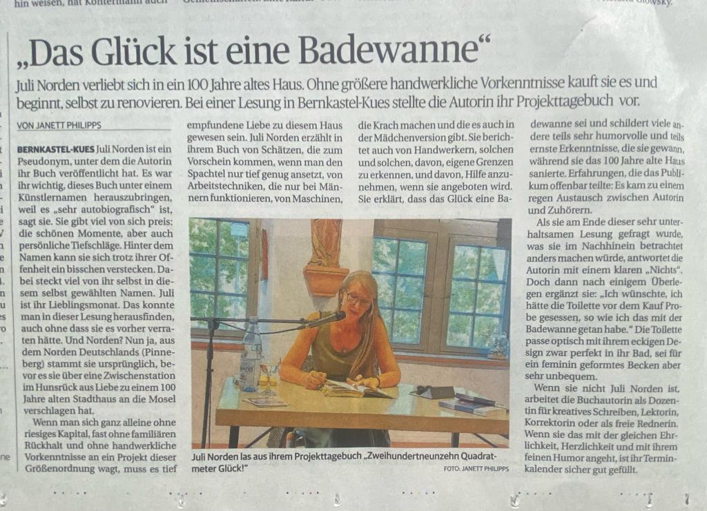 Zeitungsartikel im Trierischen Volksfreund vom 08.07.2022 "Das Glück ist eine Badewanne"