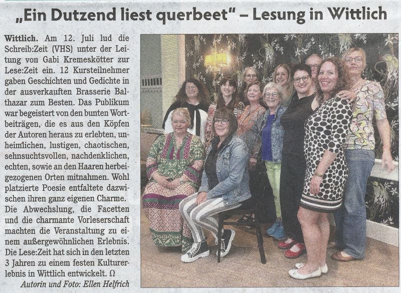 Zeitungsartikel aus der Eifel-Mosel-Zeitung vom 26.07.24 über die Lesung "Ein Dutzend liest querbeet"