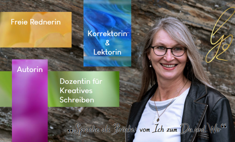 Die Startseite der Website von Gabi Kremeskötter Bunte Buttons und ihr Porträt vor einer Schieferwand
