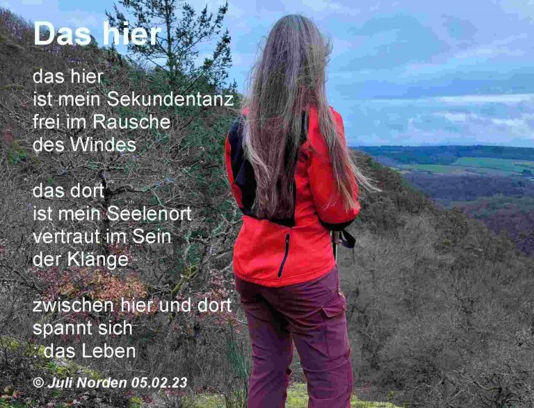 Frau mit langen Haaren schaut über ein Tal