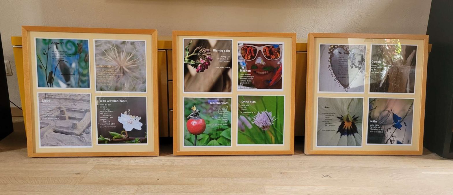 Drei Bilderrahmen mit Foto-Text-Collagen von Juli Norden