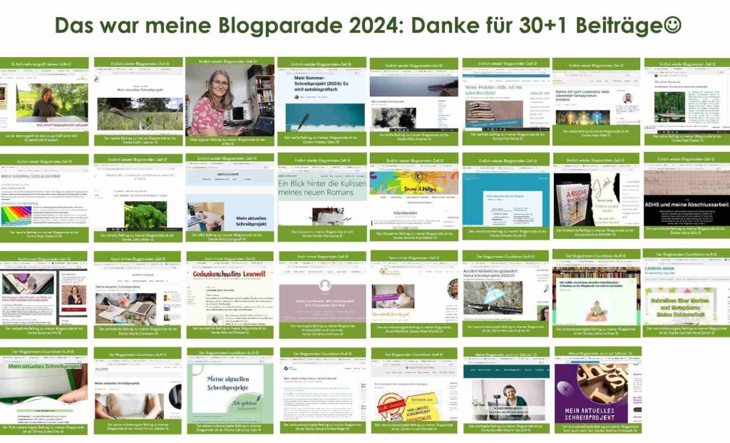 Screenshots aller 31 Artikel zu Gabi Kremeskötters Blogparade 2024