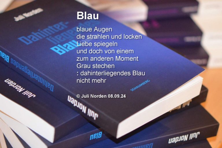Stapel Bücher Roman Dahinterliegendes Blau von Juli Norden, darauf Gedicht "Blau"