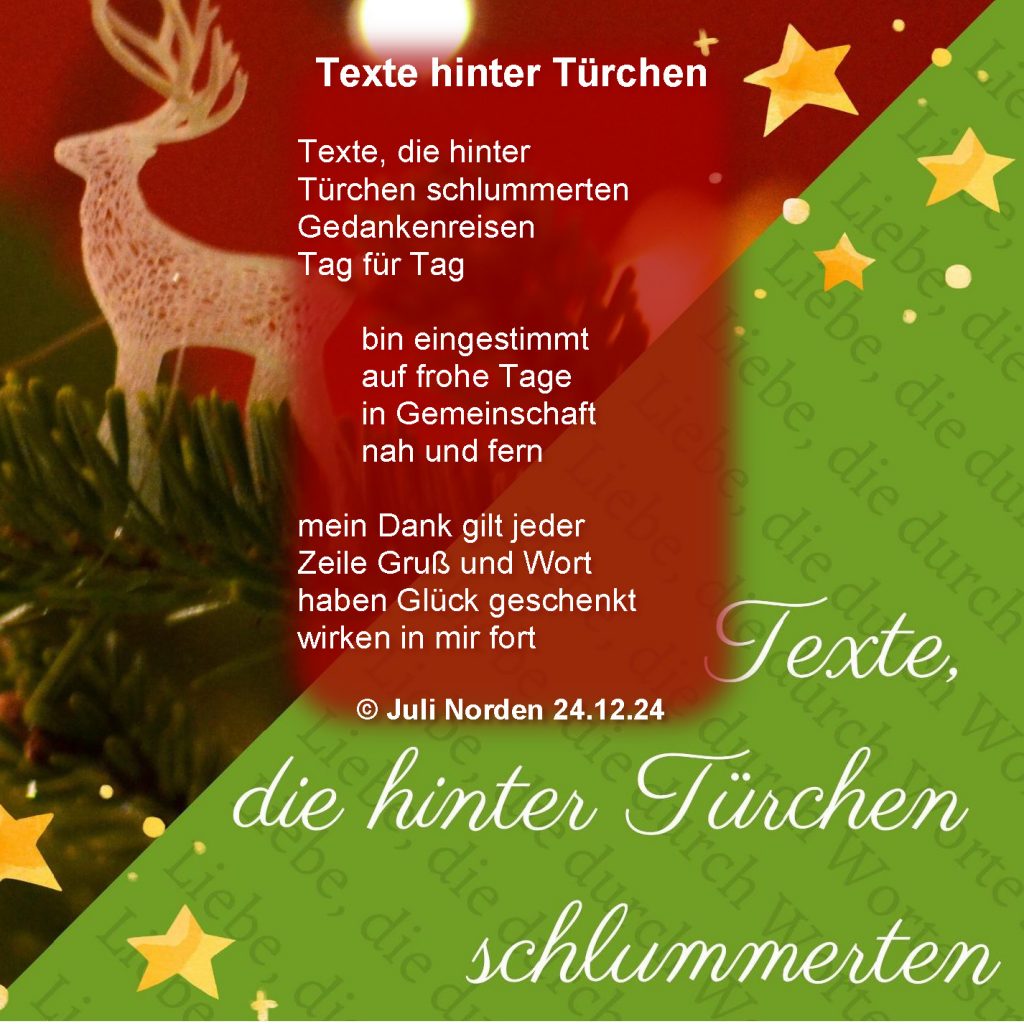 Danke-Post zum Adventskalender 23plus1 von Gabi Kremeskötter, Gedicht "Texte hinter Türchen" von Juli Norden 24.12.24