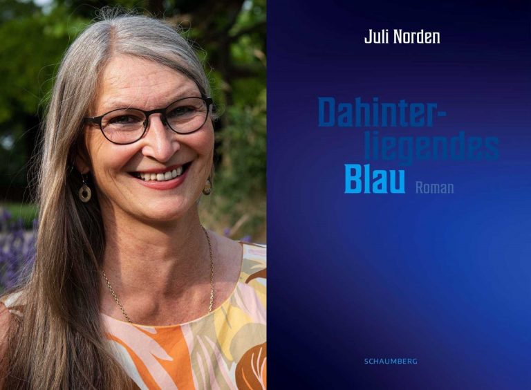 Autorinnen-Porträt und Cover von Juli Norden, Roman Dahinterliegendes Blau, Edition Schaumberg, 2023