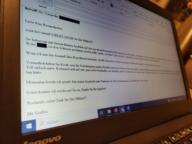 Screenshot einer E-Mail, ein Autor bedankt sich bei seiner Lektorin