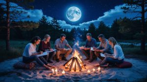 Sechs Personen sitzen nachts schreibend um ein Lagerfeuer herum, am Himmel Sterne und der Vollmond