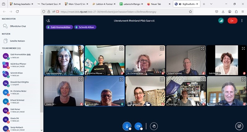 Screenshot von zehn Personen in einem Online-Meeting: die Mitgliederversammlung des Literaturwerks Rheinland-Pfalz-Saar e.V.