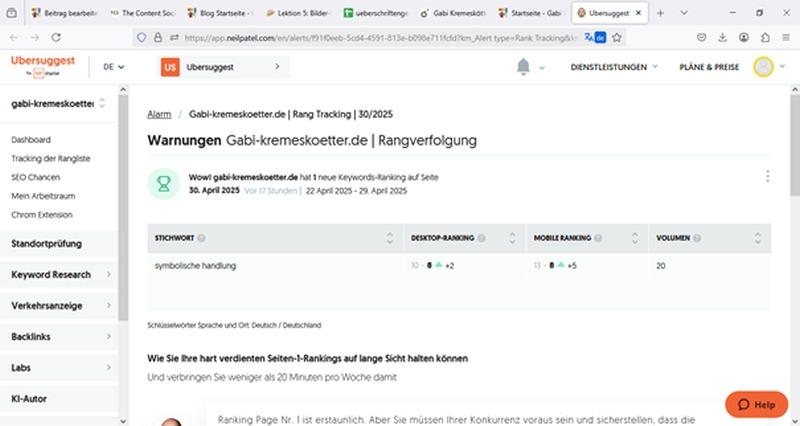 Screenshot Ubersuggest Google Ranking für Keyword Symbolische Handlung auf Seite 1 von Website von Gabi Kremeskötter