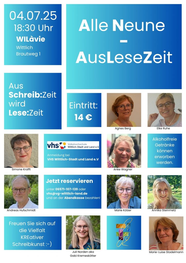 Plakat "Alle Neune - AusLeseZeit" für die Lesung am 04.07.25 in Wittlich, Ankündigung mit den neun Autor:innenfotos und Informationen 