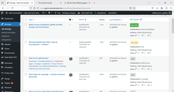 Screenshot des WordPress-Dashboards von Gabi Kremeskötter nach RankMath-Installation