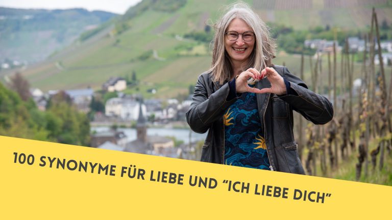 Frau bildet mit ihren Händen ein Herz und strahlt, daneben der Schriftzug: "100 Synonyme für Liebe und "Ich liebe dich"