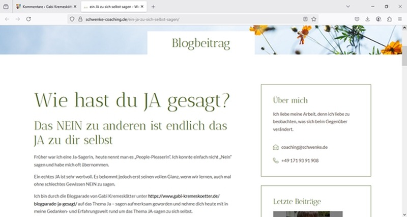 Screenshot Blogbeitrag von Alexandra Schwenke: Das NEIN zu anderen ist endlich das JA zu dir selbst