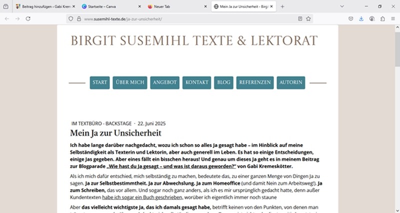 Screenshot Blogbeitrag Birgit Susemihl "Ja zur Unsicherheit"