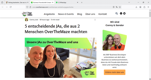 Screenshot Blogartikel Conny Jost OverTheMaze "5 entscheidende JAs, die aus 2 Menschen OverTheMaze machten"