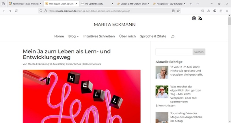 Screenshot Blogartikel von Marita Eckmann "Mein Ja zum Leben als Lern- und Entwicklungsweg"