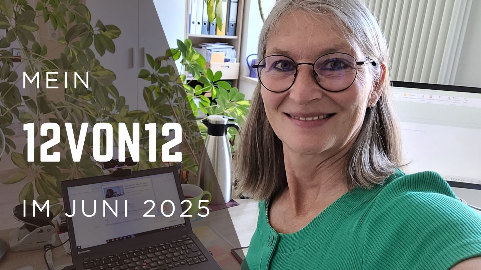 Selfie von Gabi Kremeskötter beim Freiluftarbeiten, daneben Schriftzug: Mein 12von12 im Juni 2025