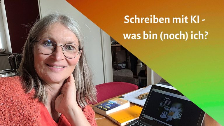 Selfie von Gabi Kremeskötter am Laptop, rechts oben in der Ecke Schriftzug: Schreiben mit KI - was bin (noch) ich?