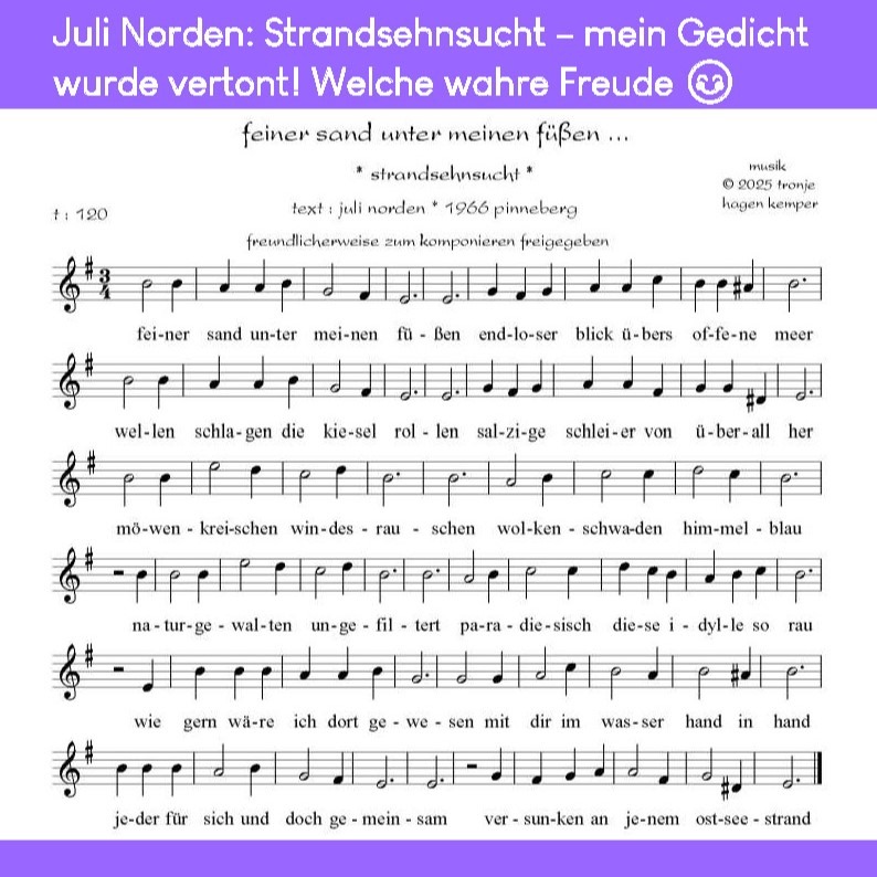 Noten zum Gedicht "Strandsehnsucht". Text Juli Norden, Musik Hagen Tronje Kemper