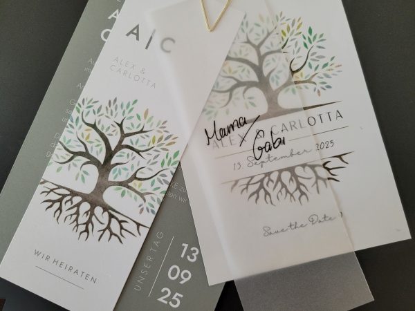 Einladungskarte zur Hochzeit, die aus verschiedenen Elementen besteht.