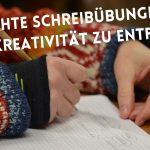 schreibende Frauenhand auf einem Blatt Papier, an den Armen ein bunt gemusterter Winterpullover, darüber der Text: 66 leichte Schreibübungen, um deine Kreativität zu entfachen