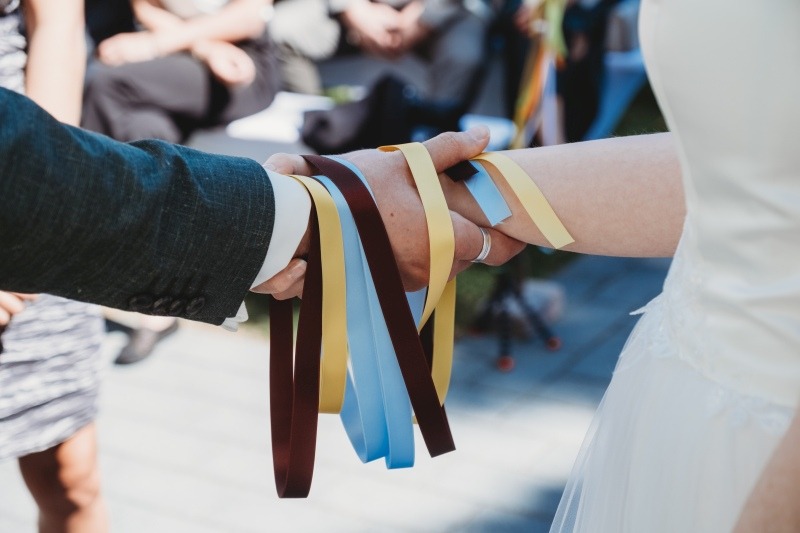 Wrap Handfasting Anleitung Schritt 4: Das 3. und 4. Band des WRAPs wird gelegt von den Trauzeug:innen um die Hände gewickelt.