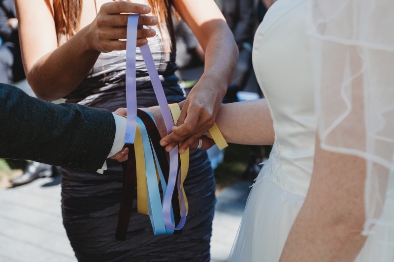 Wrap Handfasting Anleitung Schritt 4: Das 3. und 4. Band des WRAPs wird gelegt von den Trauzeug:innen um die Hände gewickelt.