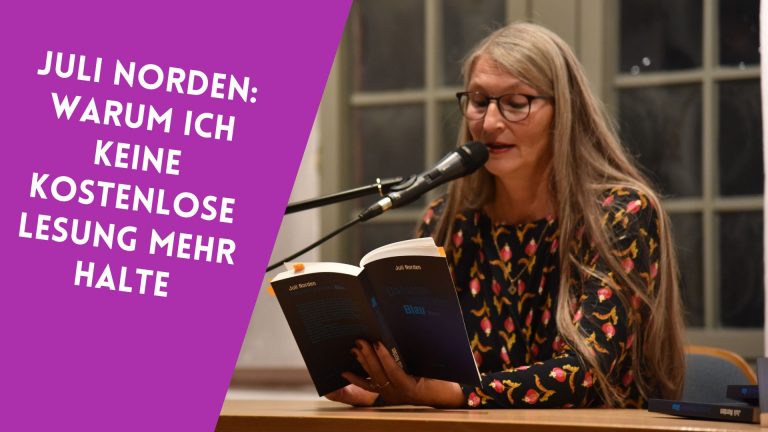 Autorin Juli Norden bei einer Lesung, daneben der Text: "Juli Norden: Warum ich keine kostenlose Lesung mehr halte"