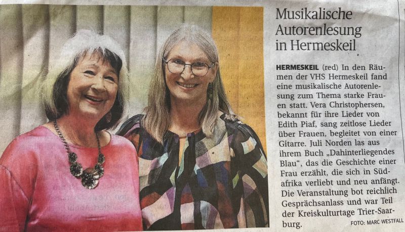 Zeitungsartikel Trierischer Volksfreund zum Auftritt von Vera Christophersen und Juli Norden in Hermeskeil am 7.11.25