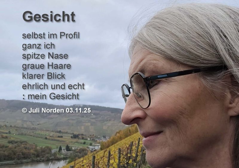 Gesicht von Juli Norden, mit Text Gedicht "Gesicht/ selbst im Profil/ ganz ich/ spitze Nase/ graue Haare/ klarer Blick/ ehrlich und echt/ : mein Gesicht/ (c) Juli Norden 03.11.25