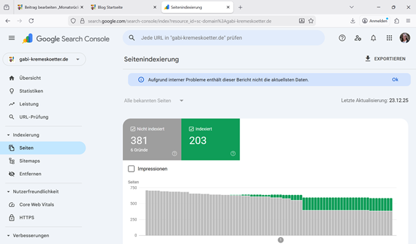 Screenshot der Google Search Console von der Website gabi-kremeskoetter.de, angezeigt werden 203 indexierte Seiten.