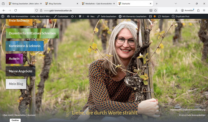 Screenshot Startseite Gabi Kremeskötter seit Ende Juli 2025: Überarbeitet und neu gestaltet mit Elementor Pro