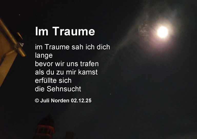 Gedicht "Im Traume" von Juli Norden, vor einem Nachthimmel mit Vollmond. Text: Im Traume sah ich dich/ lange/ bevor wir uns trafen/ als du zu mir kamst/ erfüllte sich/ die Sehnsucht (c) Juli Norden 02.12.25