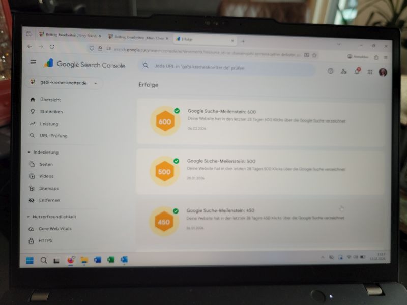Screenshot der Google Search Console mit einer Erfolgsmeldung über 600 Klicks in 28 Tagen.