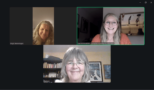 Screenshot eines Zoom-Meetings mit drei Frauen