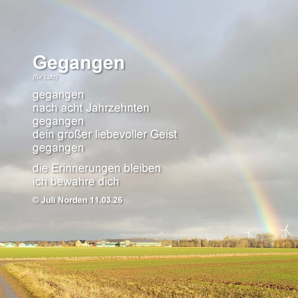 Gedicht "Gegangen" von Juli Norden - ein Trauergedicht auf einem Foto eines Regenbogens. Text: Gegangen (für Lutz)/ gegangen/ nach acht Jahrzehnten/ gegangen/ dein großer liebevoller Geist/ gegangen/ die Erinnerungen bleiben/ ich bewahre dich/ (c) Juli Norden 11.03.26