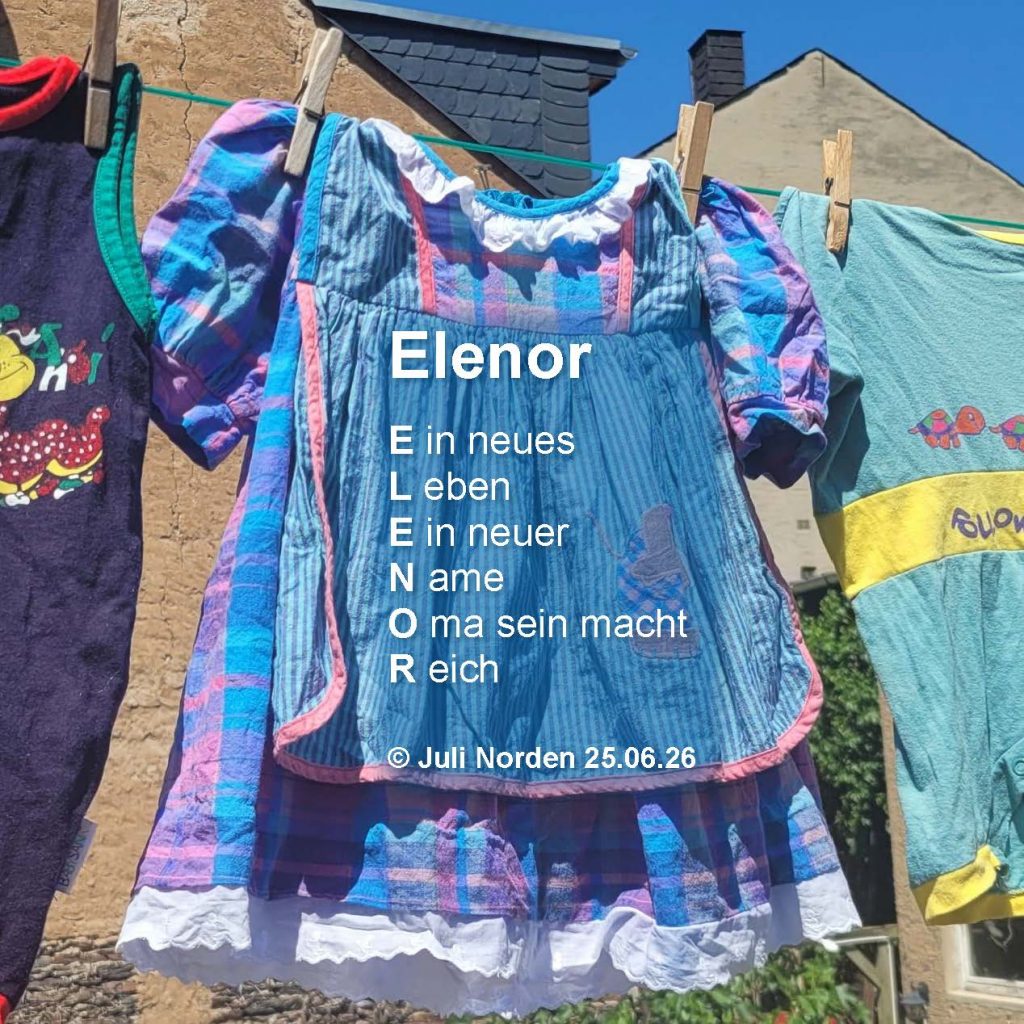 Gedicht von Juli Norden, ein Akrostichon: "Elenor/ Ein neues/ Leben/ Ein neuer/
Name/ Oma sein macht/ Reich/ (c) Juli Norden 25.06.26