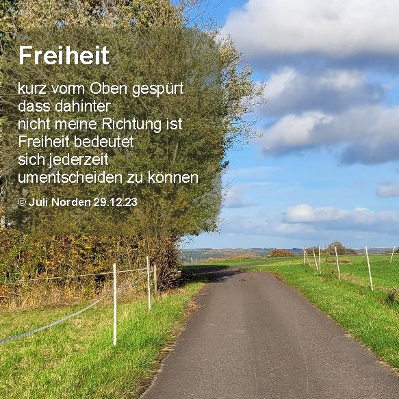 Gedicht "Freiheit" von Juli Norden: Freiheit// kurz vorm Oben gespürt/ dass dahinter/ nicht meine Richtung ist/ Freiheit bedeutet/ sich jederzeit/ umentscheiden zu können// (c) Juli Norden 29.12.2023"