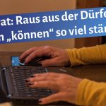 schreibende Frauenhände auf Laptoptastatur, darüber der Schriftzug: "Lektorat: Raus aus der Dürferitis - warum "können" so viel stärker ist