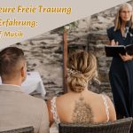 Freie Rednerin vor Brautpaar, links oben der Text "99 Tipps für eure Freie Trauung aus 6 Jahren Erfahrung: Planung, Ablauf, Musik und Rituale"